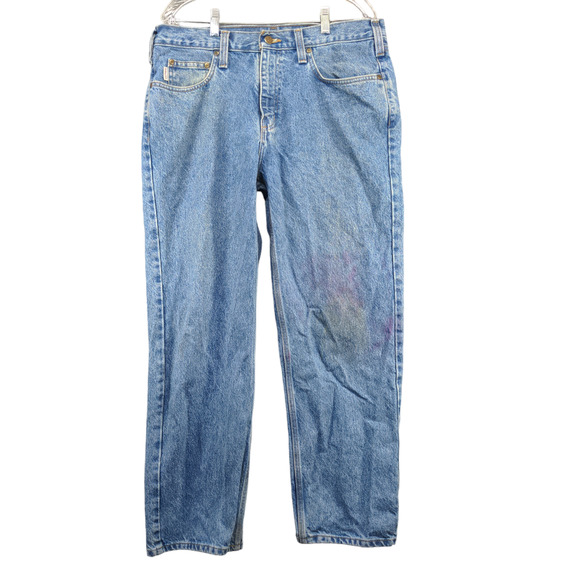 Carhartt Men's Jeans Solid Blue 36x30 Stone Wash Denim 5-Pocket - Picture 1 of 12